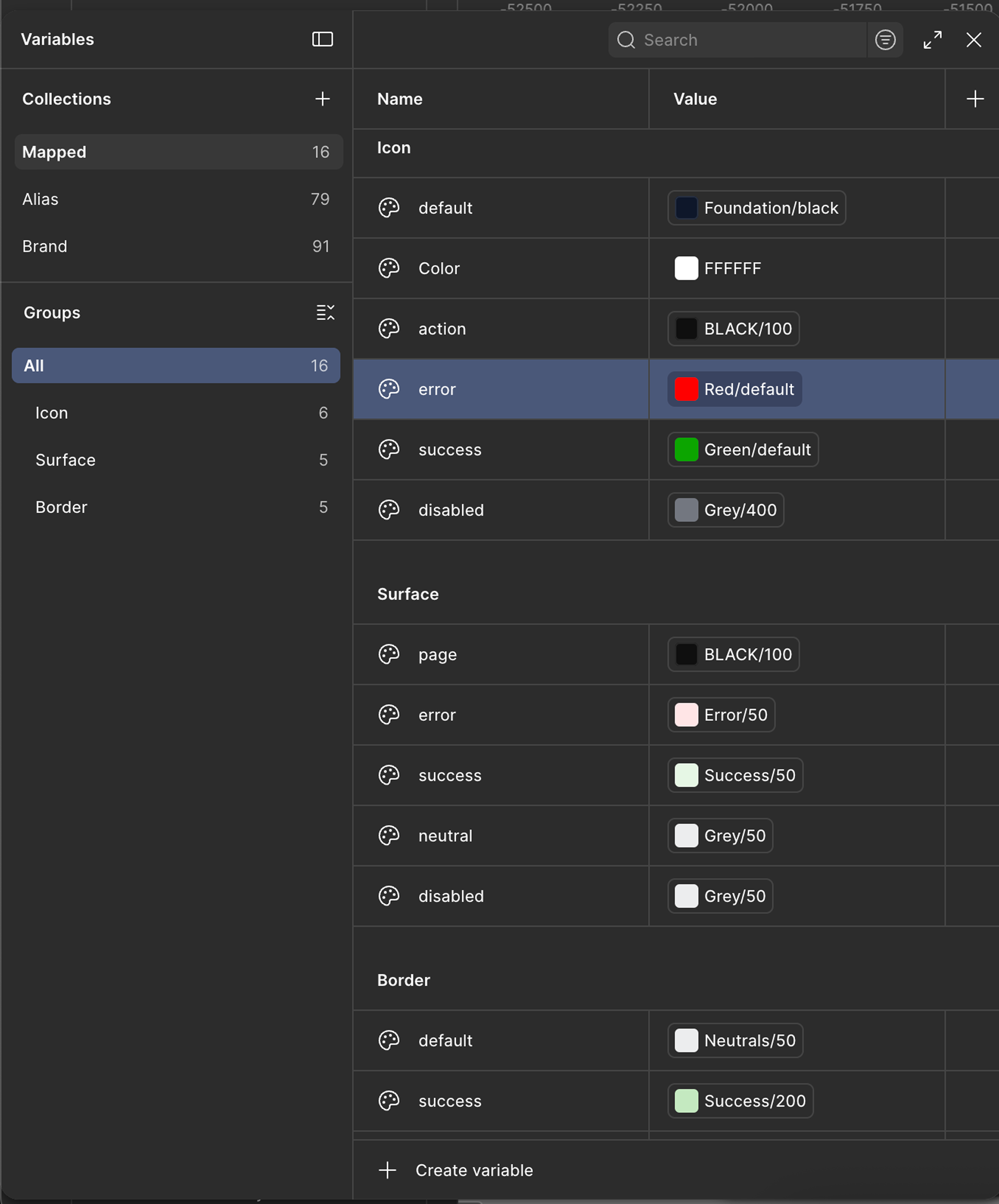 Design system variables panel — dark mode