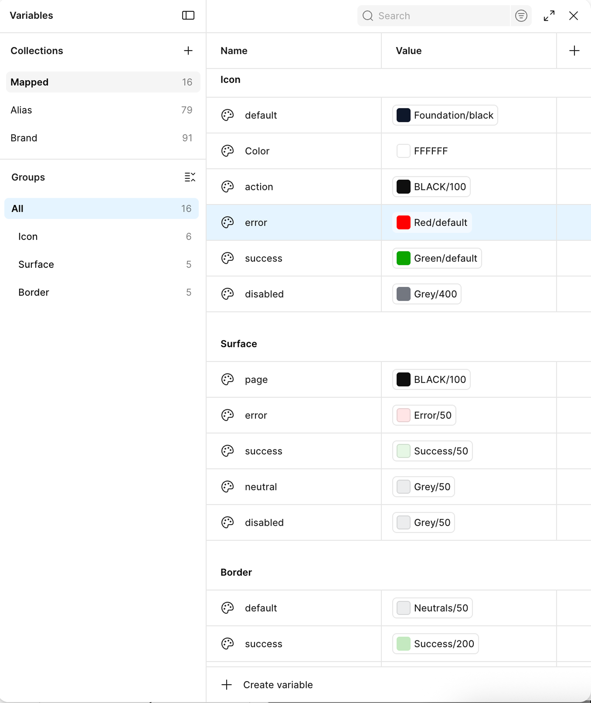 Design system variables panel — light mode