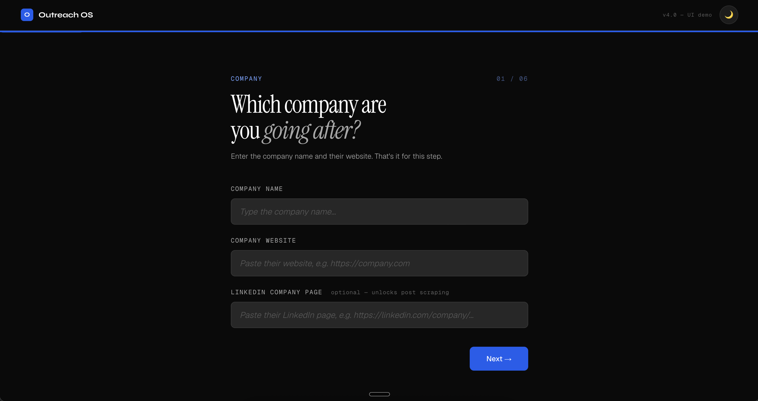 Outreach OS — Company step