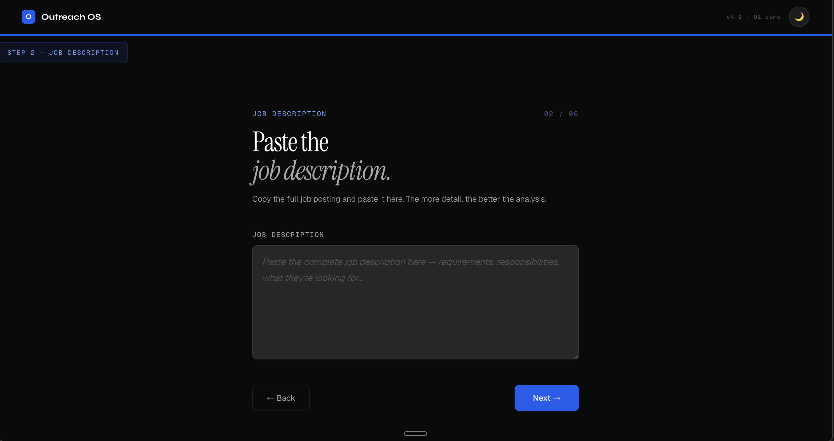 Outreach OS — Job Description step